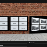 A clean, modern digital interface showcasing a "site-specific art archive." On the screen, a high-resolution, slightly translucent 360-degree image of an outdoor art installation, such as a large mural on a brick wall in a European-style urban setting. Overlaid on the screen are small video thumbnails and concise text descriptions. The overall feeling should emphasize digital preservation bringing ephemeral art into a timeless, accessible format. Focus on the screen and its content.