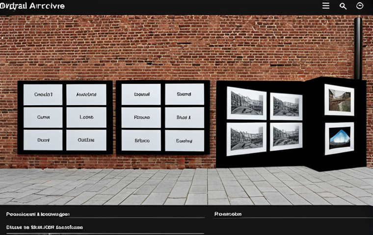 A clean, modern digital interface showcasing a "site-specific art archive." On the screen, a high-resolution, slightly translucent 360-degree image of an outdoor art installation, such as a large mural on a brick wall in a European-style urban setting. Overlaid on the screen are small video thumbnails and concise text descriptions. The overall feeling should emphasize digital preservation bringing ephemeral art into a timeless, accessible format. Focus on the screen and its content.